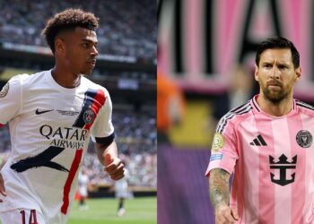 Na imagem á esquerda, Désiré Doué, do PSG. Na imagem à direita, Lionel Messi, do Inter Miami