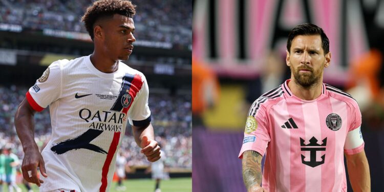 Na imagem á esquerda, Désiré Doué, do PSG. Na imagem à direita, Lionel Messi, do Inter Miami