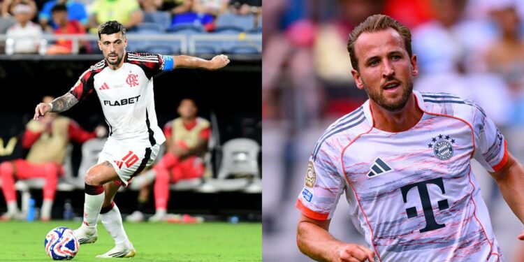 Na imagem à esquerda, Giorgian de Arrascaeta, do Flamengo. Na imagem à direita, Harry Kane, do Bayern de Munique