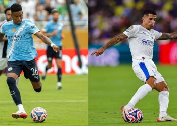 Na imagem à esquerda, Savinho, do Manchester City. Na imagem à direita, João Cancelo, do Al-Hilal