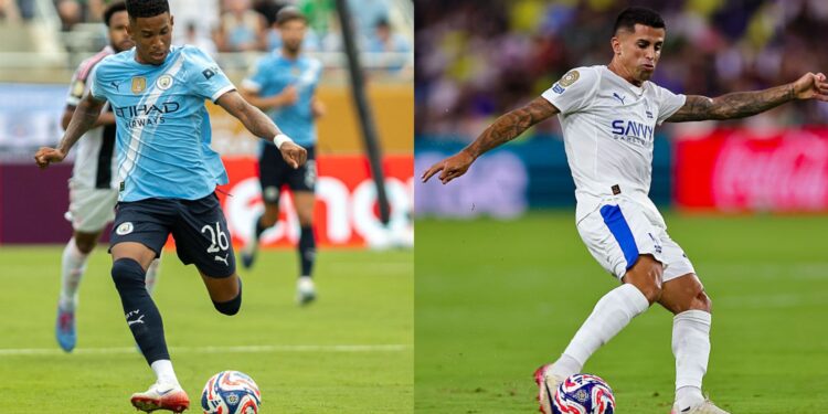 Na imagem à esquerda, Savinho, do Manchester City. Na imagem à direita, João Cancelo, do Al-Hilal