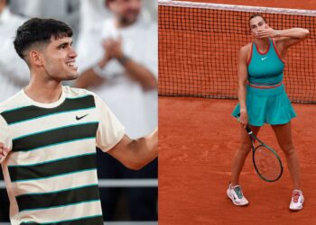Na imagem à esquerda, Carlos Alcaraz, tenista espanhol; Na imagem à direita, Aryna Sabalenka, tenista bielorrussa