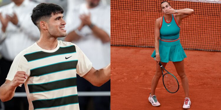 Na imagem à esquerda, Carlos Alcaraz, tenista espanhol; Na imagem à direita, Aryna Sabalenka, tenista bielorrussa