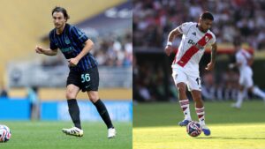 Na imagem à esquerda, Matteo Darmian, da Inter de Milão. Na imagem à direita, Paulo Diaz, do River Plate