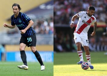 Na imagem à esquerda, Matteo Darmian, da Inter de Milão. Na imagem à direita, Paulo Diaz, do River Plate