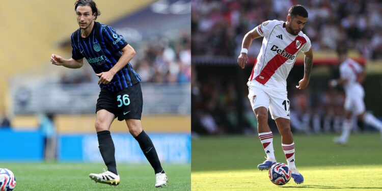 Na imagem à esquerda, Matteo Darmian, da Inter de Milão. Na imagem à direita, Paulo Diaz, do River Plate