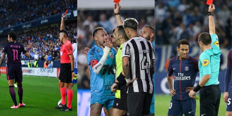 Neymar recebendo cartão vermelho por Barcelona, Santos e PSG