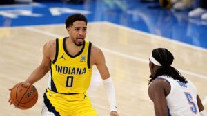 Tyrese Haliburton, do Indiana Pacers, durante jogo contra o OKC Thunder