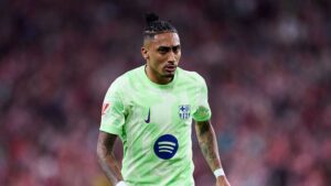 Raphinha, do Barcelona, durante jogo contra o Athletic BIlbao