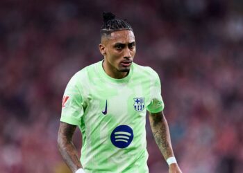 Raphinha, do Barcelona, durante jogo contra o Athletic BIlbao