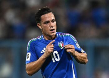 Giacomo Raspadori, da Itália, comemora gol marcado contra a Moldávia