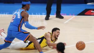 Tyrese Haliburton, dos Pacers, se lesiona na final da NBA.