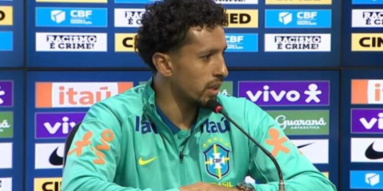 Marquinhos em coletiva pela Seleção Brasileira.