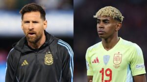 Na imagem à esquerda, Lionel Messi, da Argentina. Na imagem à direita, Lamine Yamal, da Espanha