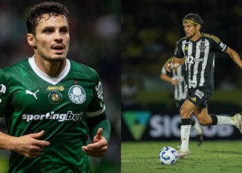 Na imagem à esquerda, Raphael Veiga, do Palmeiras. Na imagem à direita, Gustavo Scarpa, do Atlético-MG
