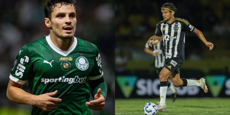 Na imagem à esquerda, Raphael Veiga, do Palmeiras. Na imagem à direita, Gustavo Scarpa, do Atlético-MG