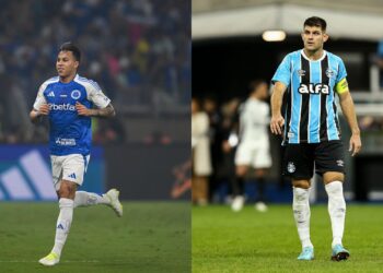 Na imagem à esquerda, Kaio Jorge, do Cruzeiro. Na imagem à direita, Walter Kannemann, do Grêmio