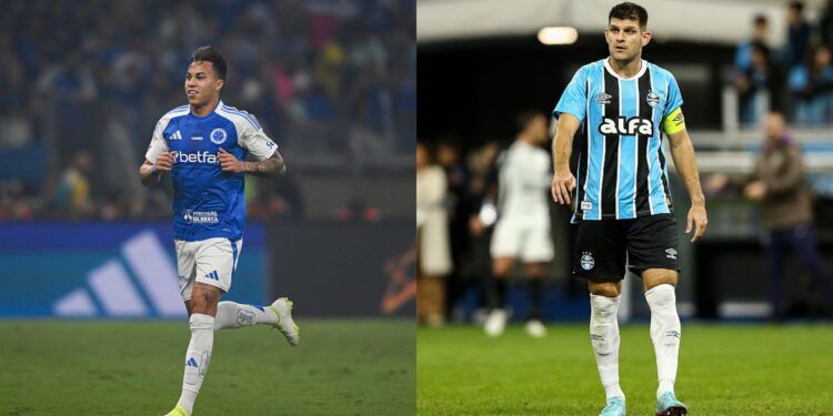 Na imagem à esquerda, Kaio Jorge, do Cruzeiro. Na imagem à direita, Walter Kannemann, do Grêmio