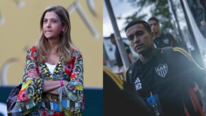 Na imagem à esquerda, Leila Pereira, presidente do Palmeiras. Na imagem à direita, Dudu, do Atlético-MG