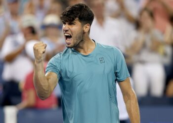 Alcaraz em quadra no Masters de Cincinnati.