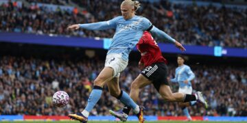 Haaland em lance que marcou o gol do City
