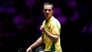 Hugo Calderano em ação no WTT Champions