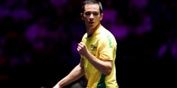 Hugo Calderano em ação no WTT Champions