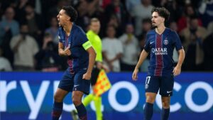 Marquinhos e Vitinha comemorando gol do PSG