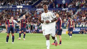 Vini Jr. comemorando gol do Real Madrid contra o Levante