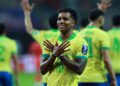 Rodrygo comemorando gol pela Seleção Brasileira