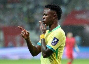 Vini Jr comemorando gol pela Seleção Brasileira