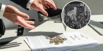 Torcida do Paraná Clube em preto e branco em mosaico ao lado de homem com carteira e poucas moedas - Créditos: Beatriz Terres e Créditos: depositphotos.com / IgorVetushko