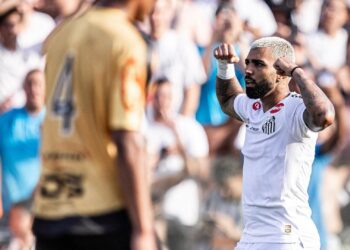 Gabigol comemorando seu gol pelo Santos