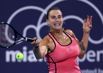 Sabalenka durante jogo do Miami Open
