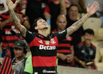 Pedro comemorando gol do Flamengo contra o Vitória