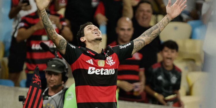 Pedro comemorando gol do Flamengo contra o Vitória