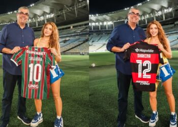 Shakira segurando camisas de Fluminense e Flamengo