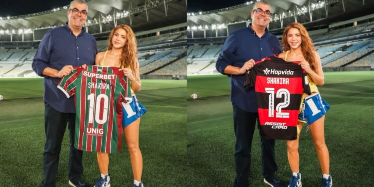 Shakira segurando camisas de Fluminense e Flamengo