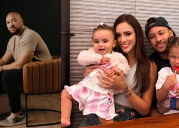 Ton Carfi na foto da esquerda e Neymar Jr, ao lado de sua família, na direita