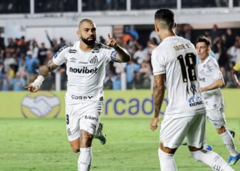 Gabigol comemorando gol pelo Santos