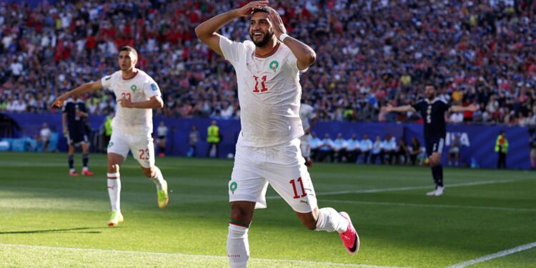 Ismael Saibari comemorando gol de Marrocos