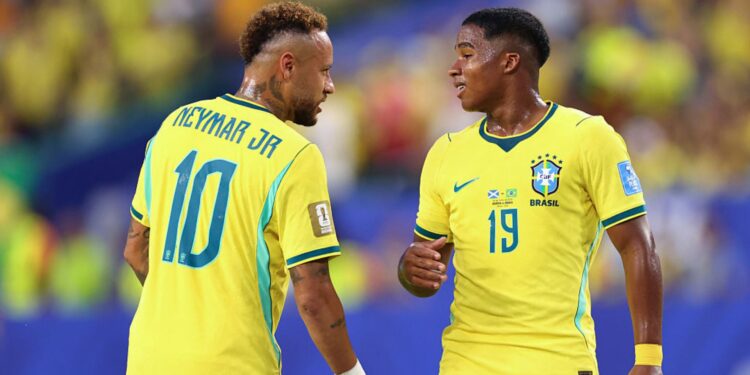 Endrick e Neymar em jogo da Seleção Brasileira