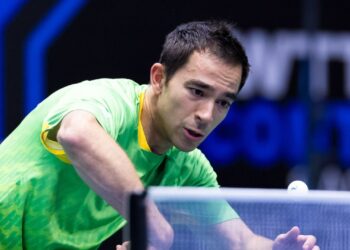 Hugo Calderano em ação no WTT Star Contender São José dos Campos