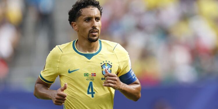 Marquinhos durante jogo do Brasil contra a Noruega